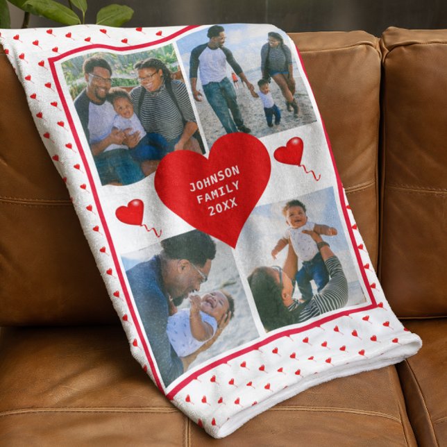 Foto Collage Familie Personalisiertes Valentinherz Fleecedecke (Photo Collage Family Personalized Valentine Heart Fleece Blanket)