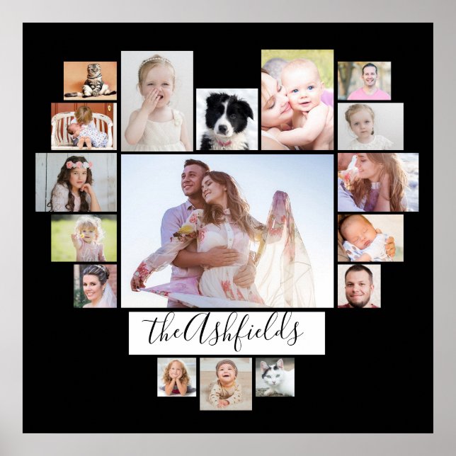 Foto Collage Family Heart 17 Bilder Schwarz 24x24 Poster (Vorne)