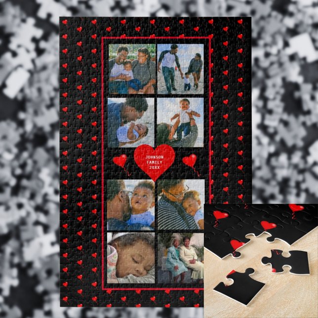 Foto Collage Family Personalisiert Red Heart & Nam (Photo Collage Family Personalized Red Heart & Name Jigsaw Puzzle)