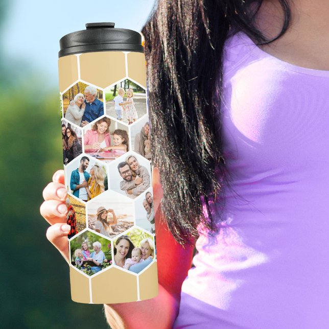 Foto Collage Geometric Hexagon 28 Picture Tall Thermosbecher (Photo travel tumbler with 28 of your favorite pics and honey beige hexagon honeycomb pattern)