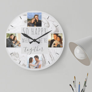Foto-Collage Happy Together Zitat Moderne Marmor-O Große Wanduhr