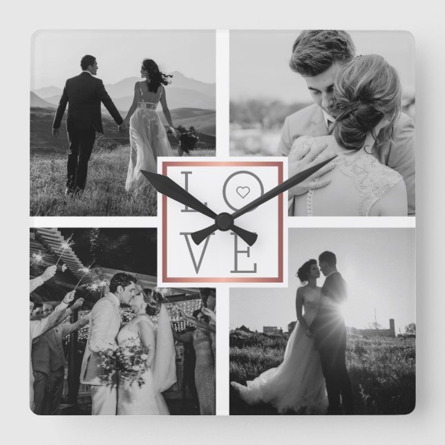 Foto Collage Hochzeit Liebe Schwarz & Weiß Quadratische Wanduhr (Vorderseite)