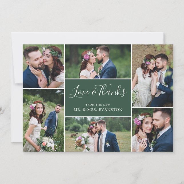 Foto Collage Hochzeit Vielen Dank Flat Card| Grün Dankeskarte (Vorderseite)