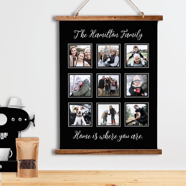 Foto Collage Holz Topped Wall Band der Familie Wandteppich Mit Holzrahmen (Modern Family Photo Collage, Hanging wooden tapestry.)