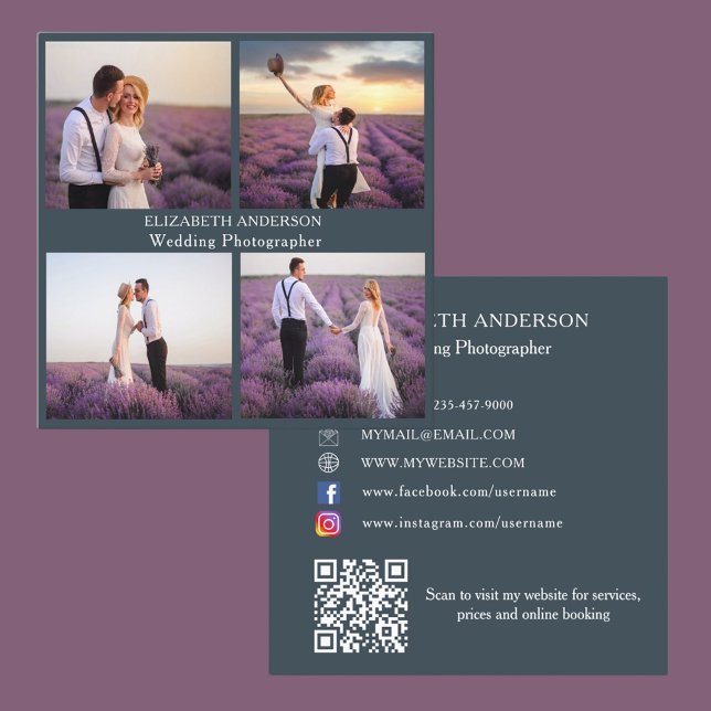 Foto Collage Holzkohle grau QR-Code Social Media Quadratische Visitenkarte (Von Creator hochgeladen)