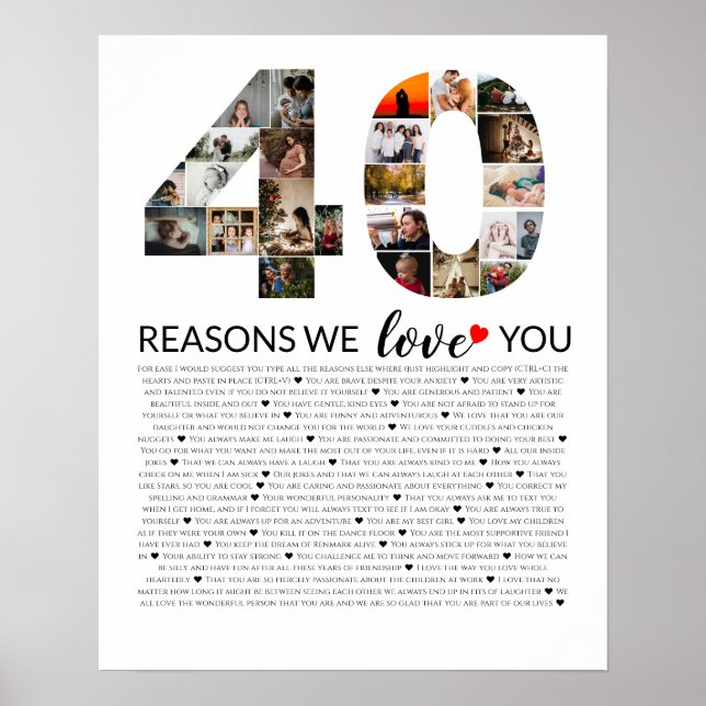 Foto Collage Jubiläum 40 Gründe, warum wir Liebe Poster (Vorne)