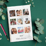 Foto Collage Marmor monogramm weiß 2024 Planer<br><div class="desc">Machen Sie Ihre eigene Familienkollektion als Geschenk oder für sich selbst. Nutzen Sie vier, neun Ihrer Lieblings-Fotos Ihrer Familie, Freunden, Traumreiseziel oder Haustier! Personalisieren und fügen Sie einen Namen und ein Jahr. Der Name ist mit einem modernen handgeschriebenen Stilskript geschrieben. Ein moderner weißer und grauer Marmorstein als Hintergrund, schwarzer Text....</div>