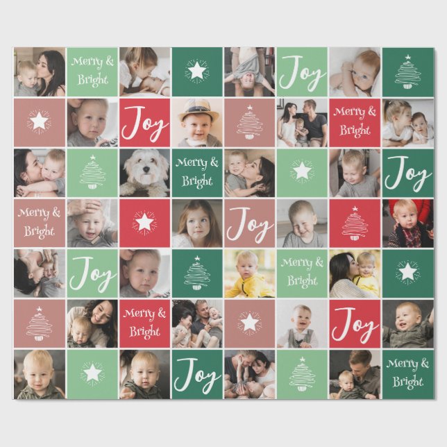 Foto Collage Merry & Bright Weihnachten Geschenkpapier (Flach)