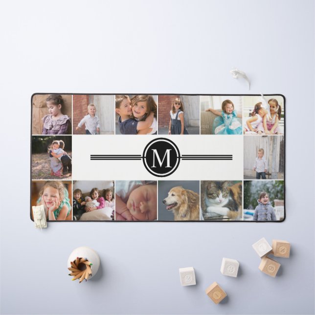 Foto-Collage mit 14 Fotos und schwarzer Monogramm Schreibtischunterlage (Kindertisch)