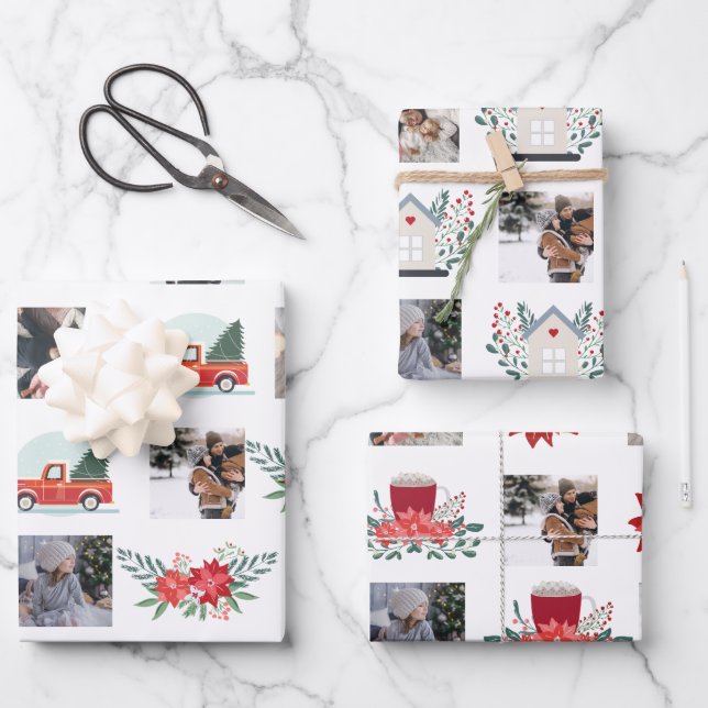 Foto Collage mit Weihnachtspoinsettia und Dekorati Geschenkpapier Set (Vorderseite)