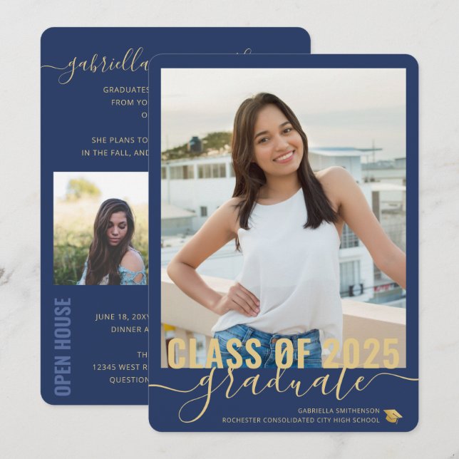 Foto Collage Modern Blue Abschluss Open House Ankündigung (Vorne/Hinten)