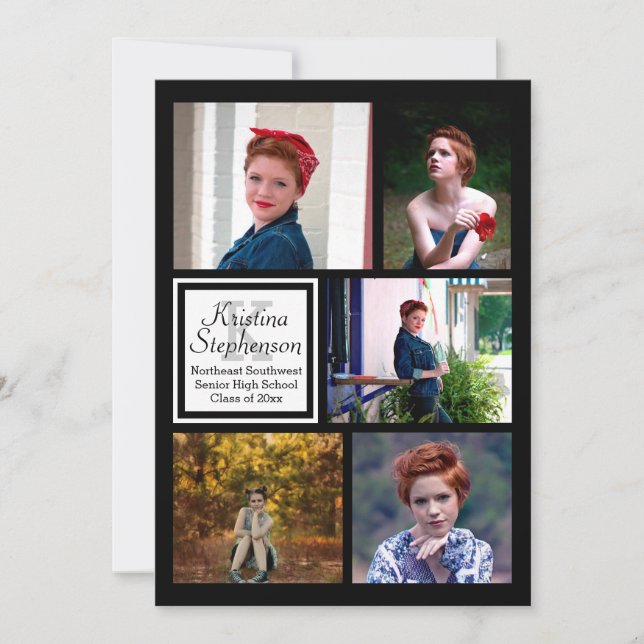 Foto Collage Monogram High School Abschluss Einladung (Vorderseite)