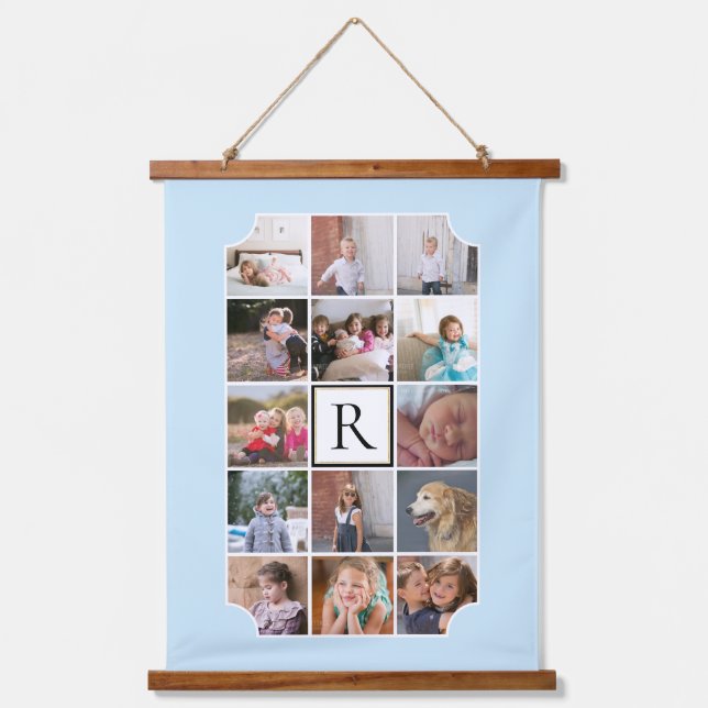 Foto Collage monogramm gekrümmte Ecken hellblau Wandteppich Mit Holzrahmen (Vorderseite)