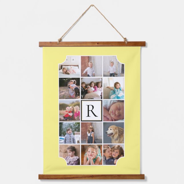 Foto Collage monogramm gekrümmte Ecken hellgelb Wandteppich Mit Holzrahmen (Vorderseite)