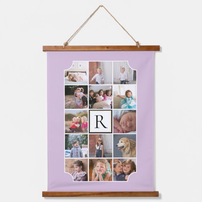 Foto Collage monogramm gekrümmte Ecken lila Wandteppich Mit Holzrahmen (Vorderseite)