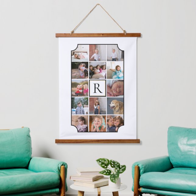 Foto Collage monogramm gekrümmte Ecken weiß Wandteppich Mit Holzrahmen (Wohnzimmer)