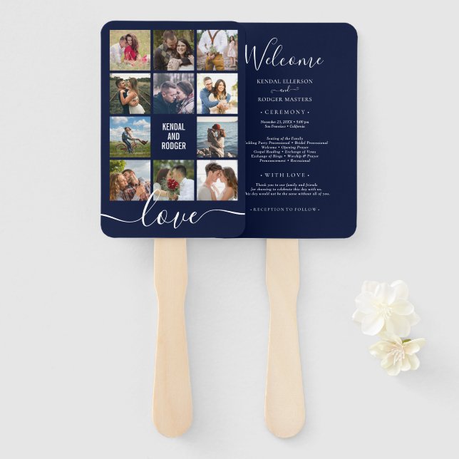 Foto Collage Navy Blue Wedding Programm Fächer (Vorne und Hinten)