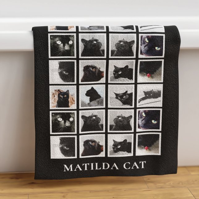 Foto-Collage Personalisiertes Tier Lover Schwarz Badehandtuch (A bath towel with space for your black cat's photo. Just add your name)