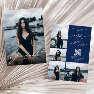 Foto-Collage QR-Code Navyblau Abschlussfeier Einladung