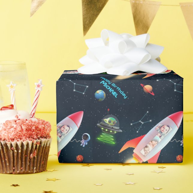 Foto Collage Riege One | Weltraumrakete 1. Geburts Geschenkpapier (Geburtstagsparty)