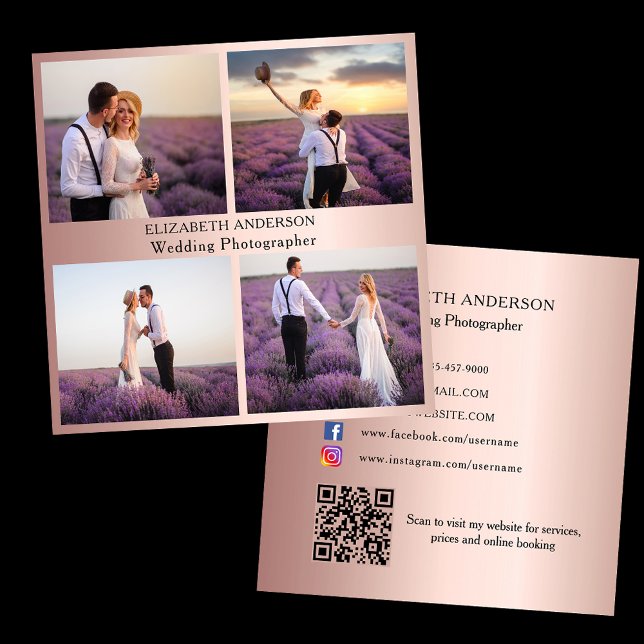 Foto Collage Rose Gold QR Code Social Media Quadratische Visitenkarte (Von Creator hochgeladen)