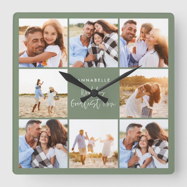 Foto Collage Salbei grün mädchenhafte Mütter Tag Quadratische Wanduhr (Vorderseite)