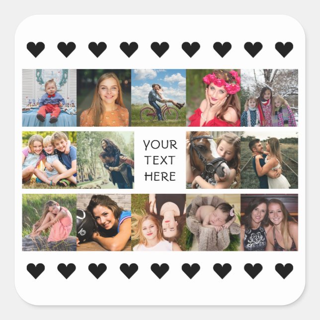 Foto Collage Schwarz Personalisiert Quadratischer Aufkleber (Vorderseite)