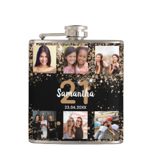 Foto-Collage schwarzes Gold Glitzer Name Flachmann