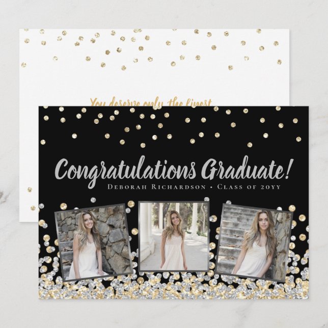 Foto Collage Silver Gold Confetti Abschluss Karte (Vorne/Hinten)