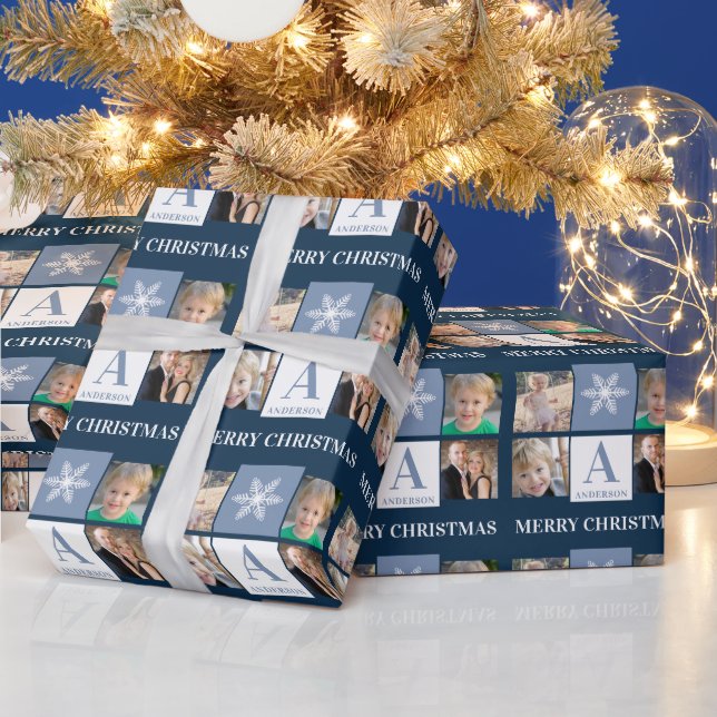 Foto Collage Snowflake Blue Monogram Christmas Geschenkpapier (Feiertage)