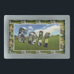 Foto Collage und Logo des Golfplatzes, Rechteckige Gürtelschnalle<br><div class="desc">Ein Golfplatz mit den Worten Golf,  der von einem Golfschläger-Image gemacht wurde und von verschiedenen Golfbildern umgeben ist</div>