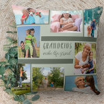 Foto-Collage und Zitat für Großeltern - Grün Kissen<br><div class="desc">Stilvolles Kissen mit individueller Collage aus Foto und Zitat für Großeltern. Das Design ist auf beiden Seiten des Kissens bedruckt und verfügt über 8 eigene Fotografien. Das Zitat ist handschriftlich und lautet "Enkel machen das Leben groß". Die Fotovorlage ist für Sie Set, um Ihre Bilder im Uhrzeigersinn, beginnend von oben...</div>