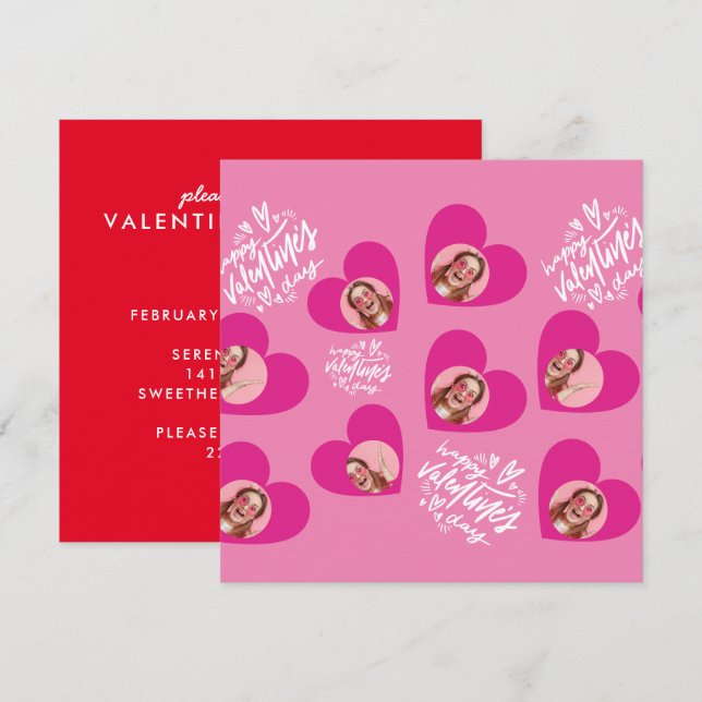 Foto Collage Valentine's Day Hot Pink Party Einladung (Vorne/Hinten)