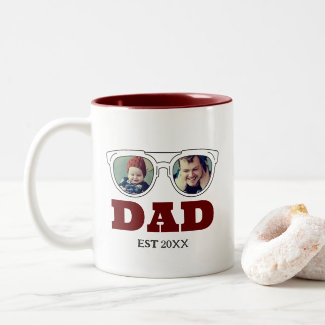 Foto Collage Vater Son Daughter zum ersten Vaterta Zweifarbige Tasse (Mit Donut)