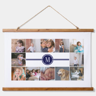 Foto Collage von 12 Fotos marineblaue Monogramm Wandteppich Mit Holzrahmen