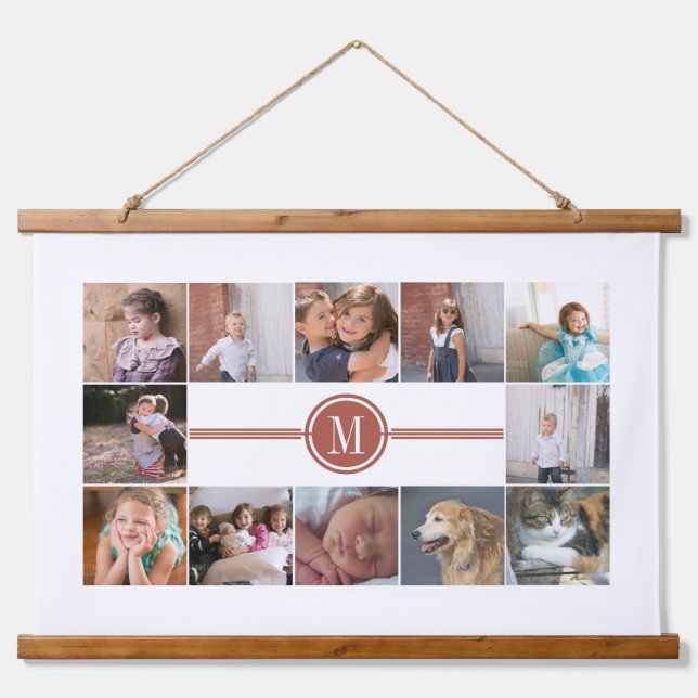 Foto Collage von 12 Fotos Terrakotta Monogramm Wandteppich Mit Holzrahmen (Vorne)
