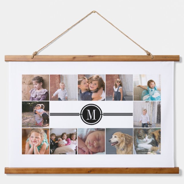 Foto-Collage von 12 Fotos und Monogramm Wandteppich Mit Holzrahmen (Vorne)