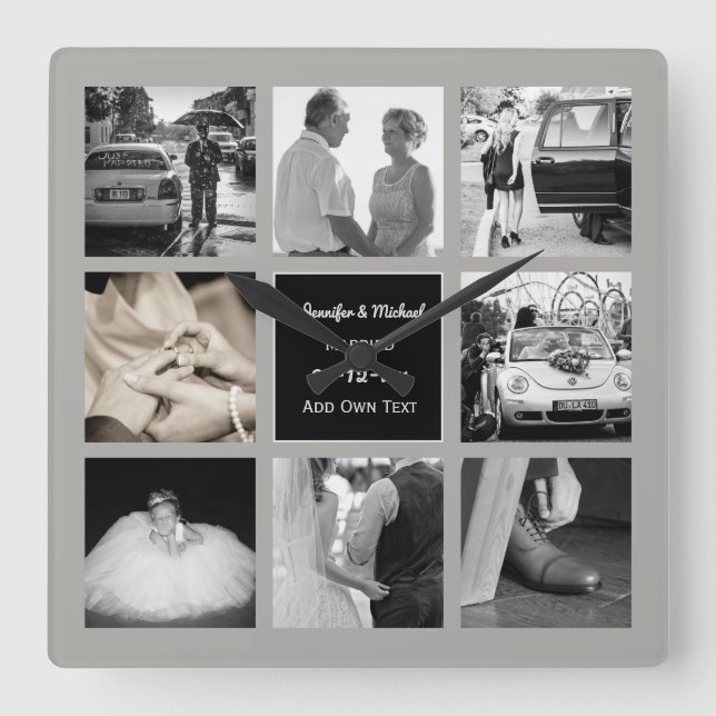 FOTO COLLAGE Wedding Vow Renewal Jubiläum Grau Quadratische Wanduhr (Vorderseite)