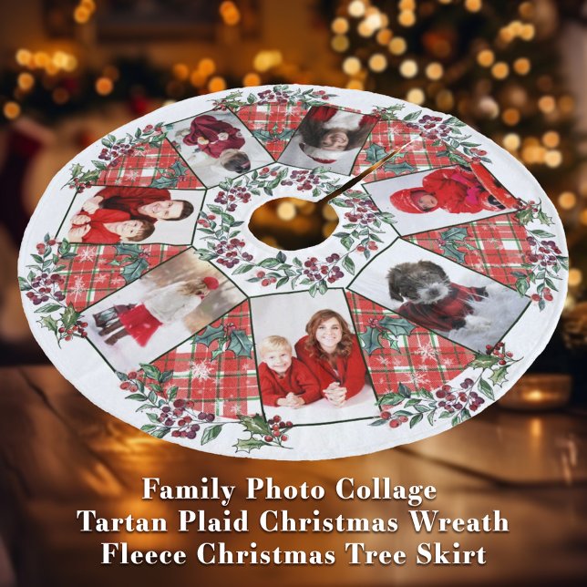 Foto Collage Weihnachtskraut weiß + rot Fleece Weihnachtsbaumdecke (Family Photo Collage 
Red, Green + White Tartan Plaid Christmas Wreath
Fleece Christmas Tree Skirt)