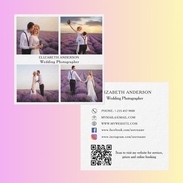 Foto Collage White Black QR Social Media Premium Quadratische Visitenkarte (Von Creator hochgeladen)