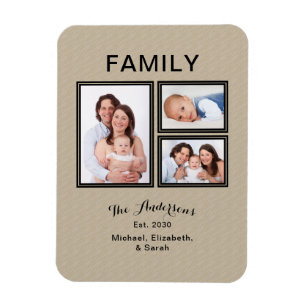 Foto-Collagen-Familienname-moderne Sand-Beige Magnet