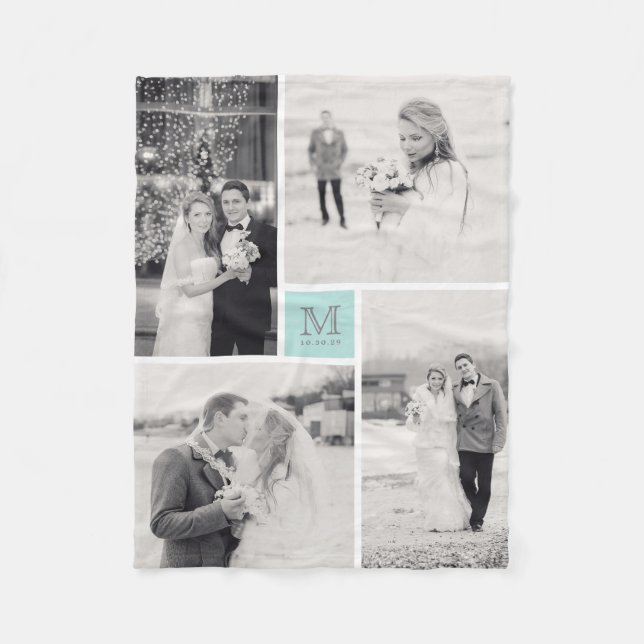 Foto-Collagen-Hochzeit des Türkis-Blau-Monogramm-4 Fleecedecke (Vorderseite)