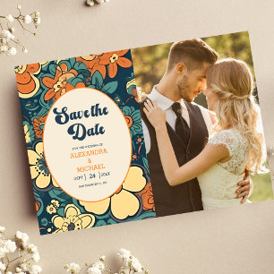 Foto Colorful Groovy Retro 70er Floral Wedding Save The Date