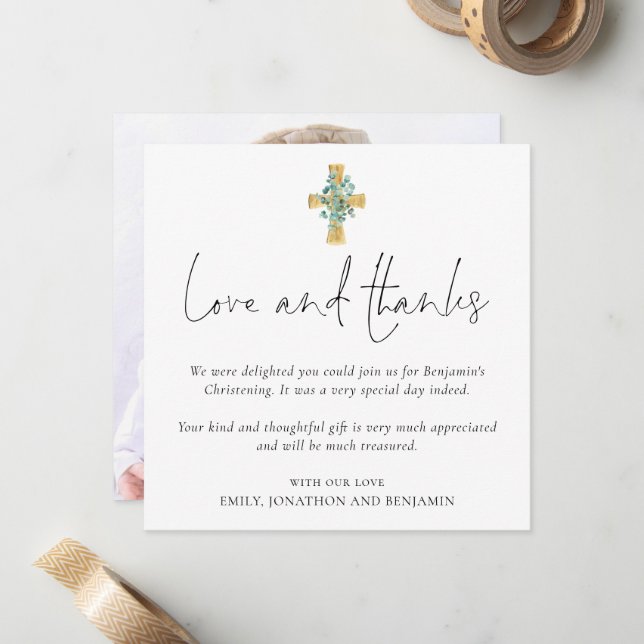 Foto Cross Taufe Christening Liebe Dank Mitteilungskarte (Vorderseite/Rückseite Beispiel)