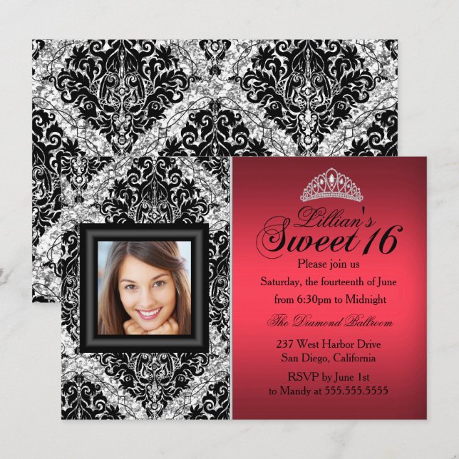 Foto Damask Red and Black Glitzer Sweet 16 Einladung (Vorne/Hinten)