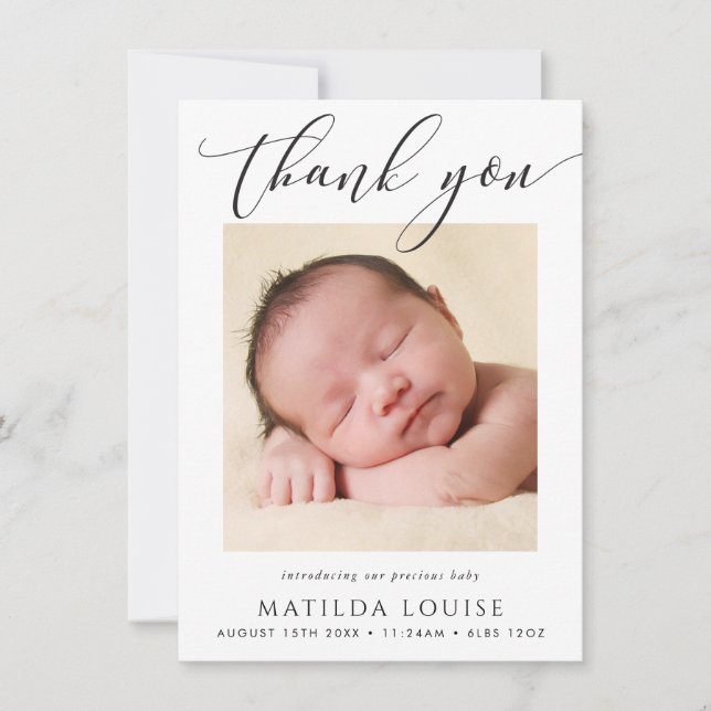FOTO DANK IHNEN elegante Kalligraphie neues Baby Dankeskarte (Vorderseite)