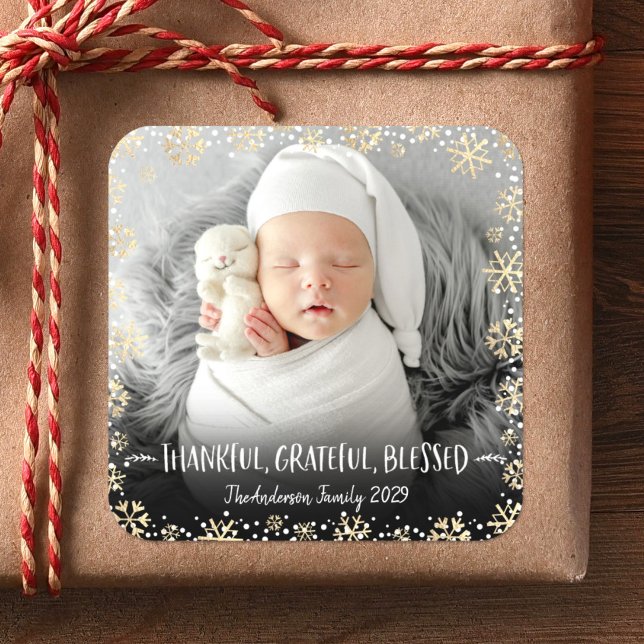 Foto Dankbar Grateful Seleged Gold Snowflake Quadratischer Aufkleber (Von Creator hochgeladen)