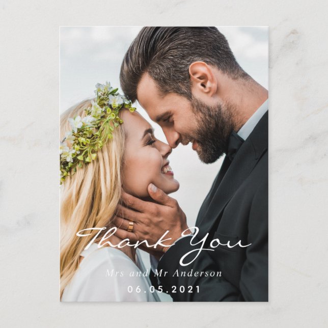 Foto Dankeschön an verstaubte blaue Hochzeitsschri Postkarte (Vorderseite)