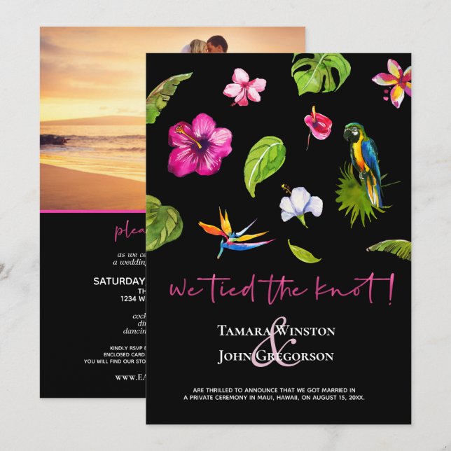 Foto Dark Tropical Tied Knot Just Married Einladung (Vorne/Hinten)