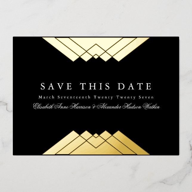Foto Deko Black Geometric Gold Save the Date Folieneinladung (Vorderseite)